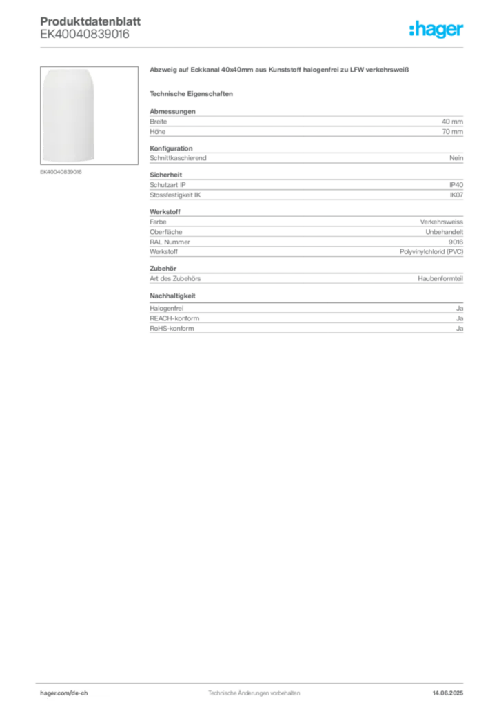 Bild Hager Produktdatenblatt EK40040839016 | Hager Schweiz