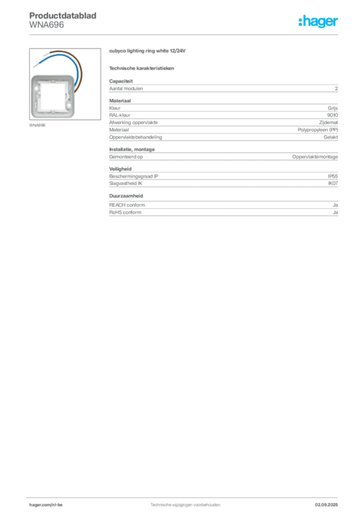 Afbeelding Hager Productdatablad WNA696 | Hager Belgium