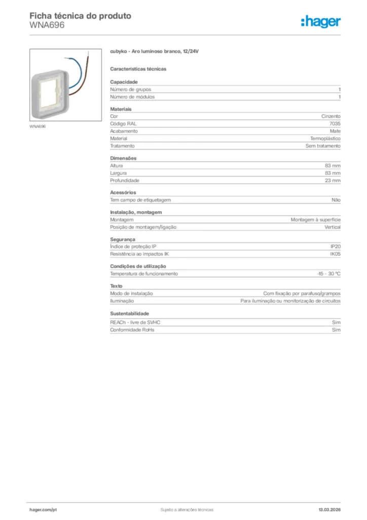 Imagem Hager Ficha técnica do produto WNA696 | Hager Portugal