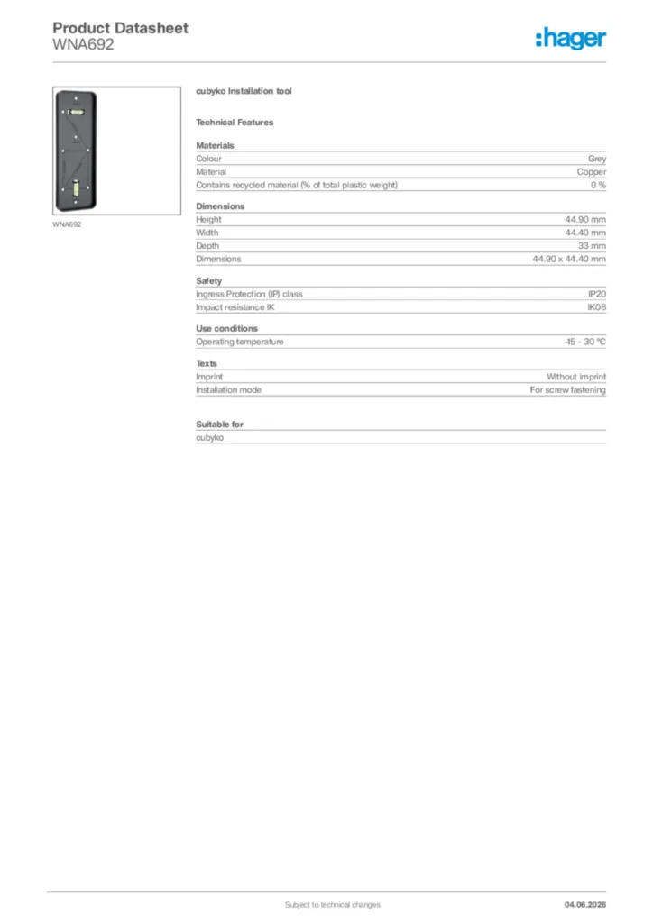 Image Hager Product data sheet WNA692  | Hager Africa