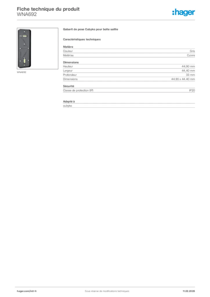 Image Hager Fiche technique du produit WNA692 | Hager Afrique