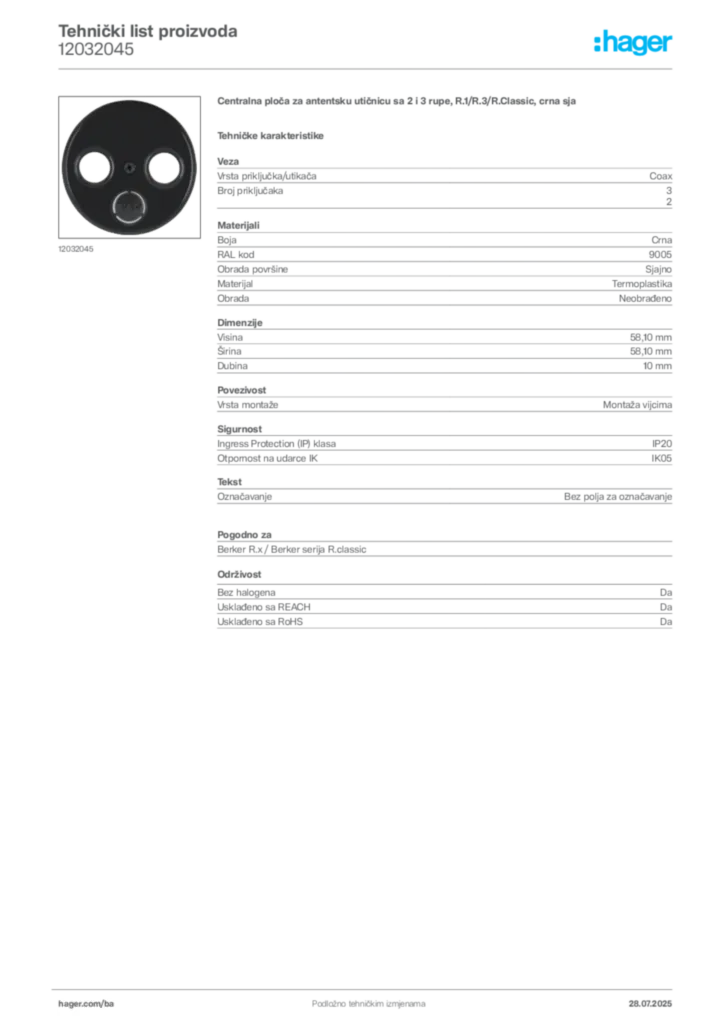 Slika Hager Product data sheet 12032045  | Hager
