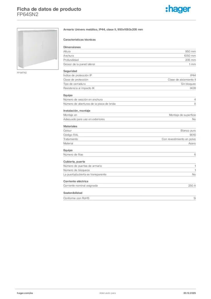 Imagen Hager Ficha de datos de producto FP64SN2 | Hager España