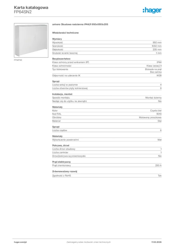 Zdjęcie Hager Karta katalogowa FP64SN2 | Hager Polska