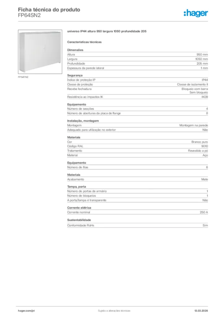 Imagem Hager Ficha técnica do produto FP64SN2 | Hager Portugal