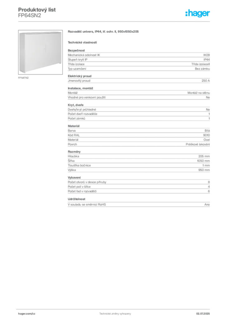 Obrázek Hager Produktový list FP64SN2 | Hager