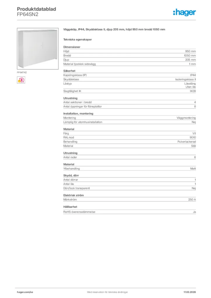 Bild Hager Produktdatablad FP64SN2 | Hager Sverige