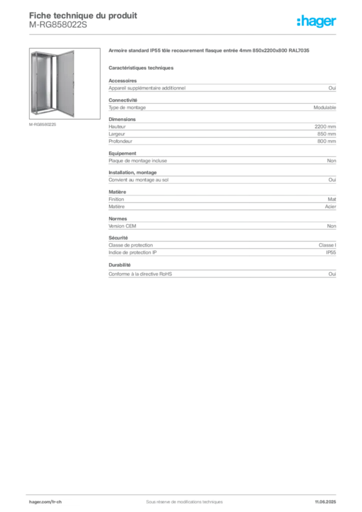 Image Hager Fiche technique du produit M-RG858022S | Hager Suisse