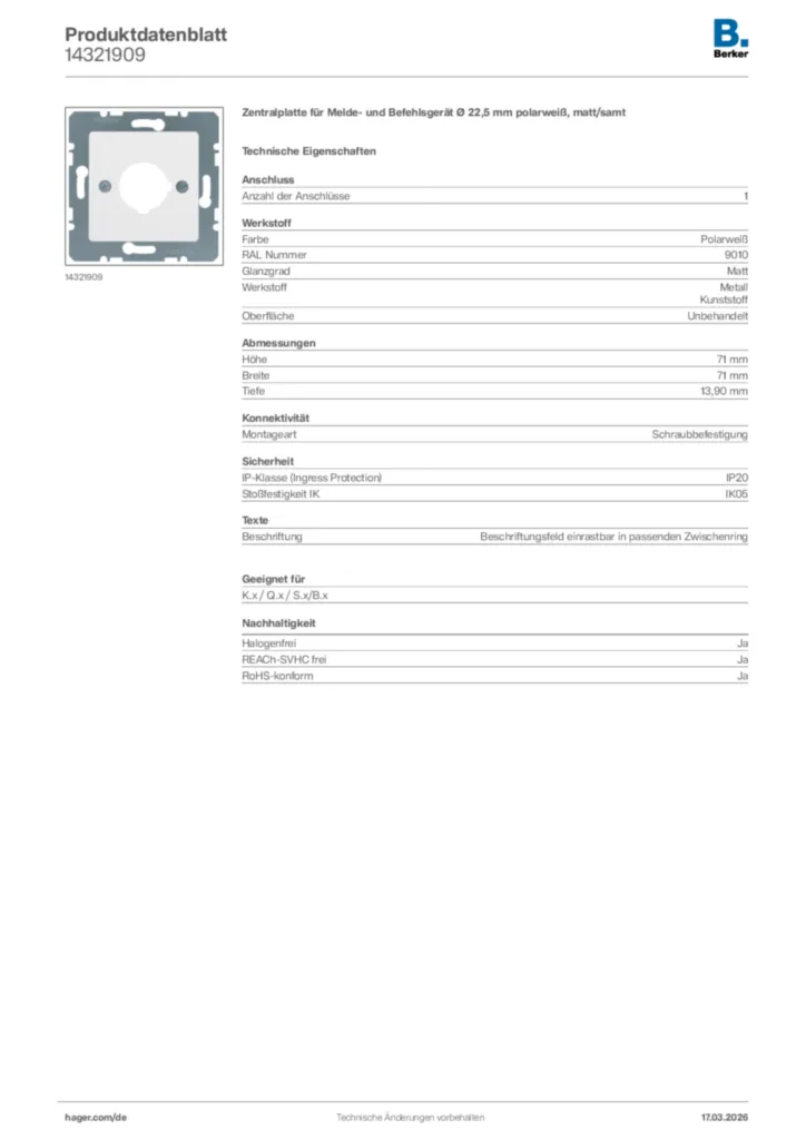 Bild Berker Produktdatenblatt 14321909 | Hager Deutschland