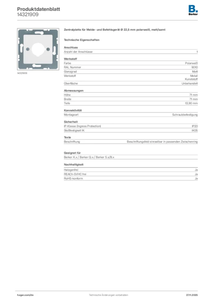 Bild Berker Produktdatenblatt 14321909 | Hager Deutschland
