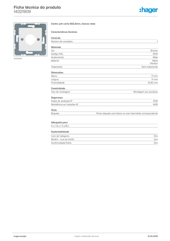 Imagem Hager Ficha técnica do produto 14321909 | Hager Portugal