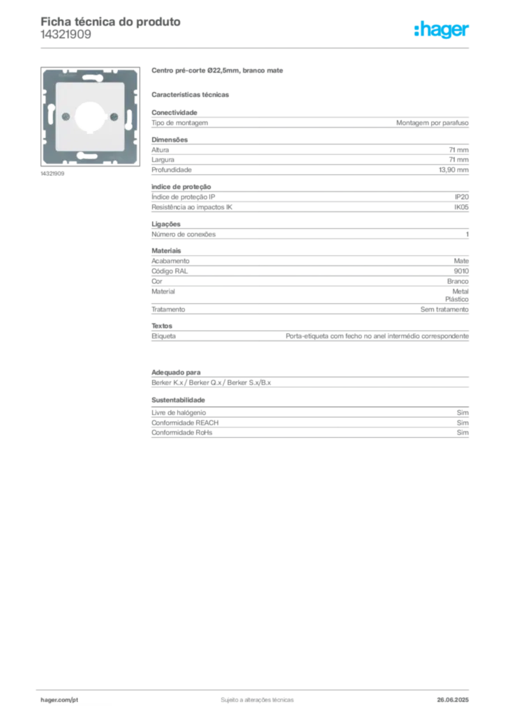 Imagem Hager Ficha técnica do produto 14321909 | Hager Portugal