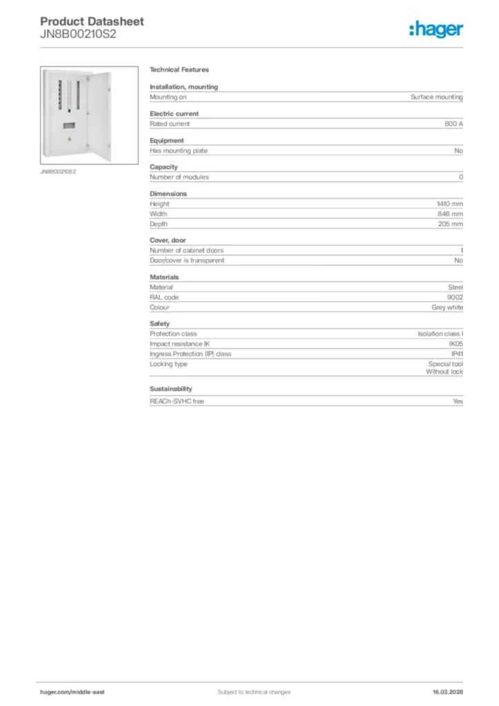 Image Hager Product data sheet JN8B00210S2  | Hager