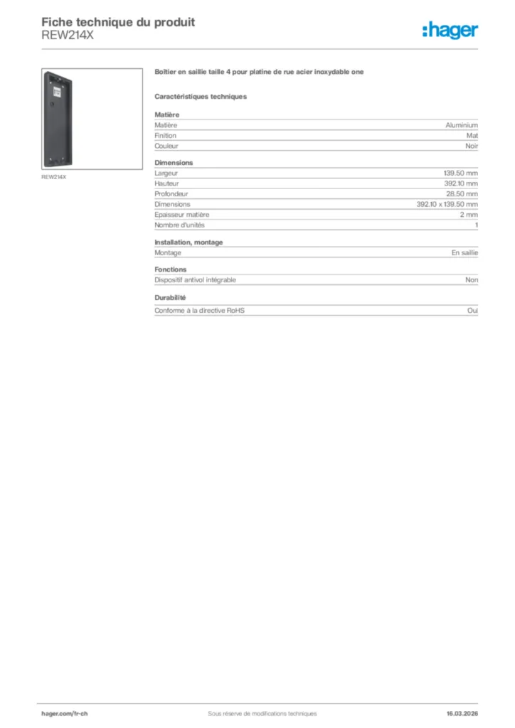 Image Hager Fiche technique du produit REW214X | Hager Suisse