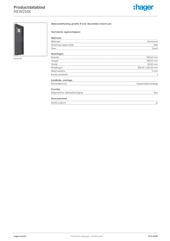 Afbeelding Hager Productdatablad REW214X | Hager Nederland