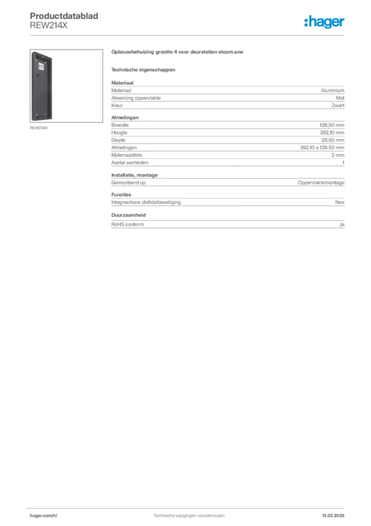 Afbeelding Hager Productdatablad REW214X | Hager Nederland