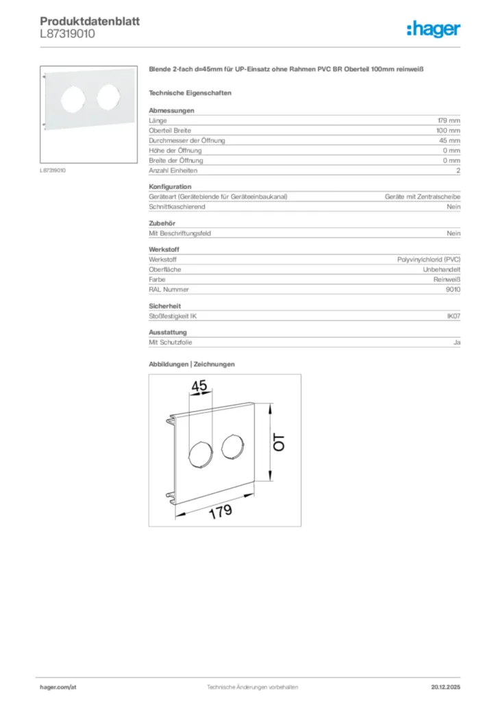 Bild Hager Produktdatenblatt L87319010 | Hager Deutschland