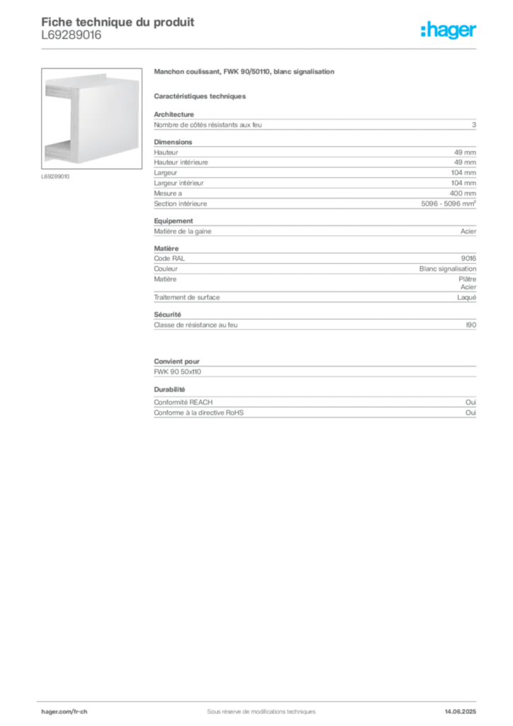 Image Hager Fiche technique du produit L69289016 | Hager Suisse