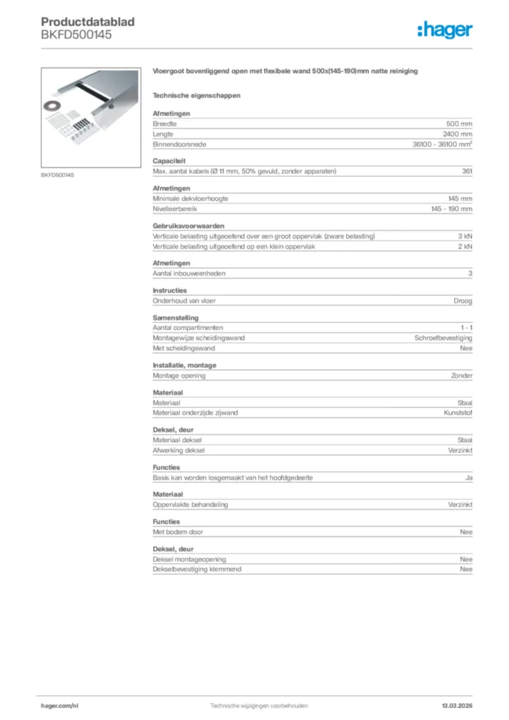 Afbeelding Hager Productdatablad BKFD500145 | Hager Nederland