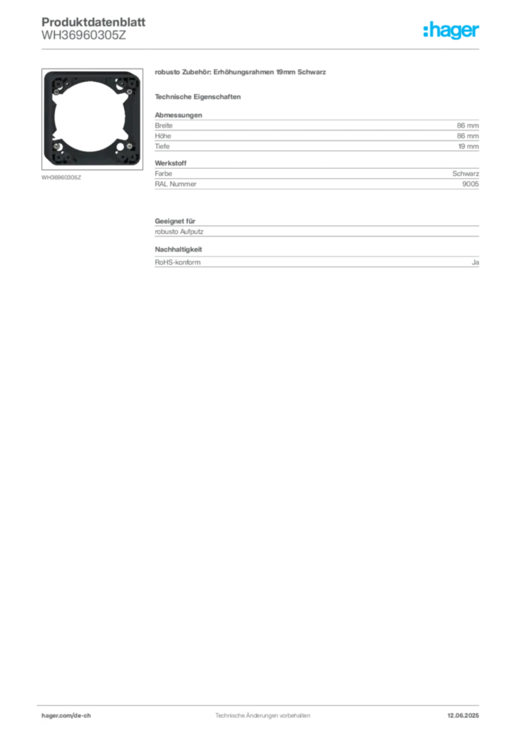 Bild Hager Produktdatenblatt WH36960305Z | Hager Schweiz