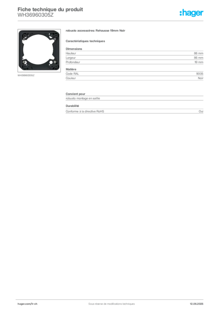 Image Hager Fiche technique du produit WH36960305Z | Hager Suisse