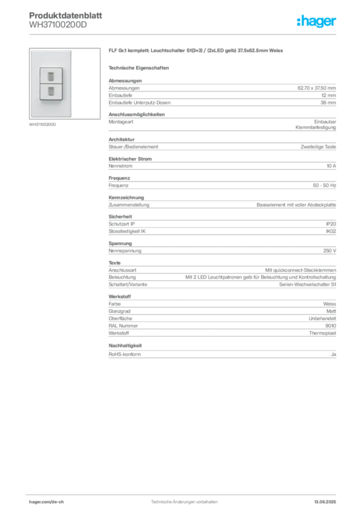 Bild Hager Produktdatenblatt WH37100200D | Hager Schweiz