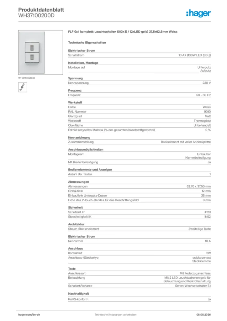 Bild Hager Produktdatenblatt WH37100200D | Hager Schweiz