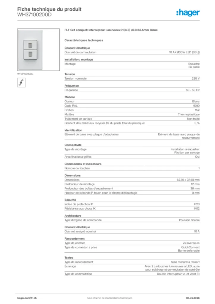 Image Hager Fiche technique du produit WH37100200D | Hager Suisse