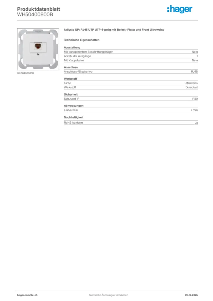 Bild Hager Produktdatenblatt WH50400800B | Hager Schweiz