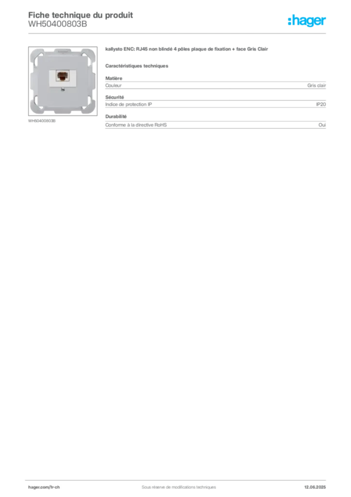 Image Hager Fiche technique du produit WH50400803B | Hager Suisse