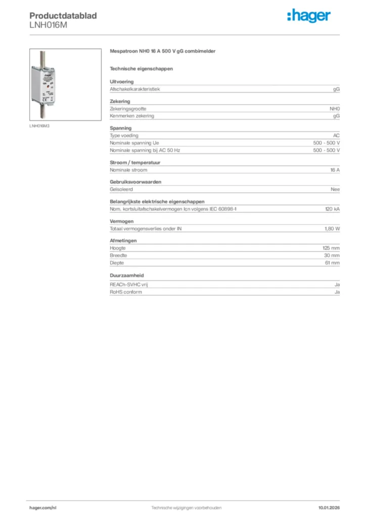 Afbeelding Hager Productdatablad LNH016M | Hager Nederland
