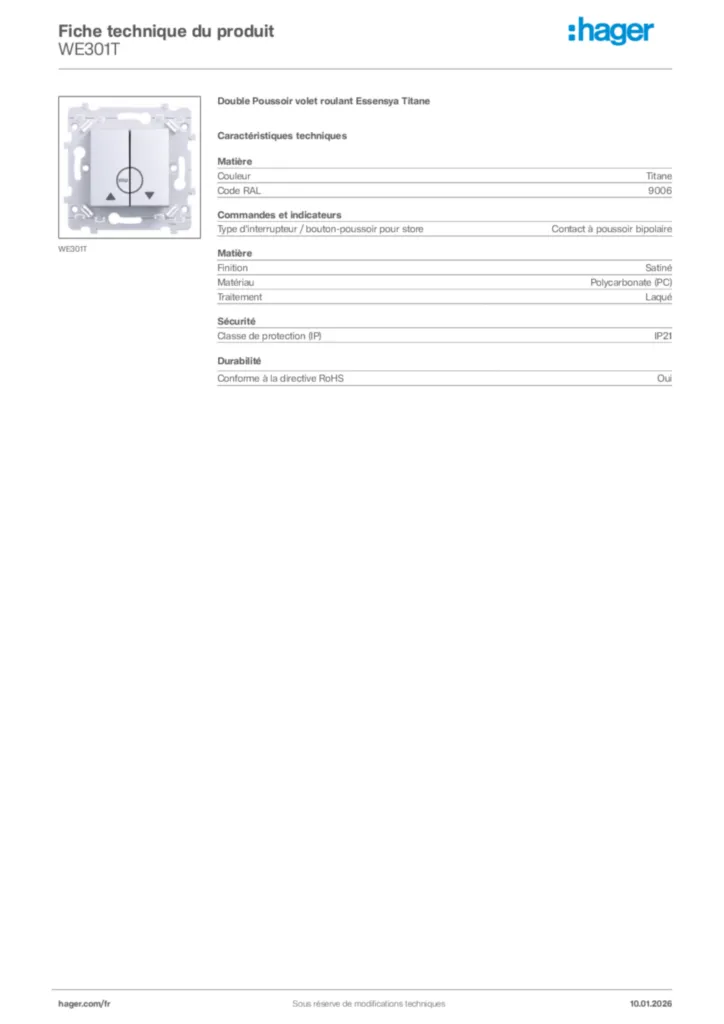 Image Hager Fiche technique du produit WE301T | Hager France