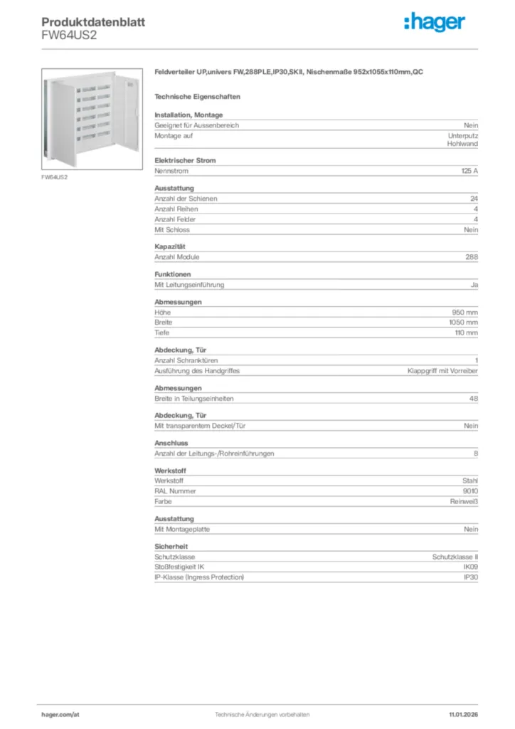Bild Hager Produktdatenblatt FW64US2 | Hager Deutschland