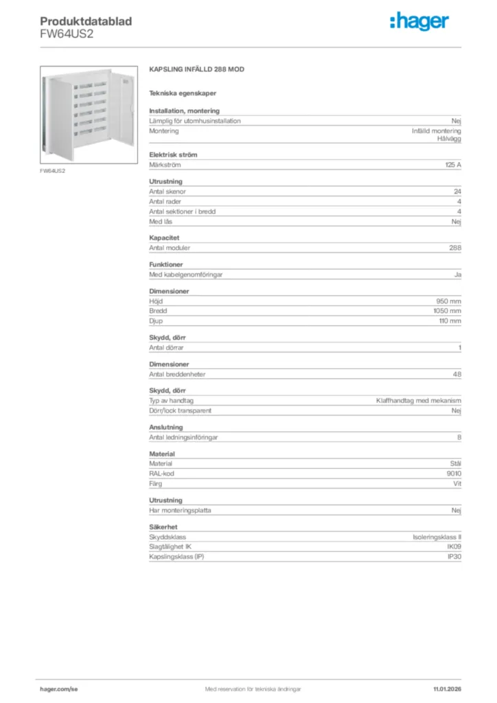 Bild Hager Produktdatablad FW64US2 | Hager Sverige