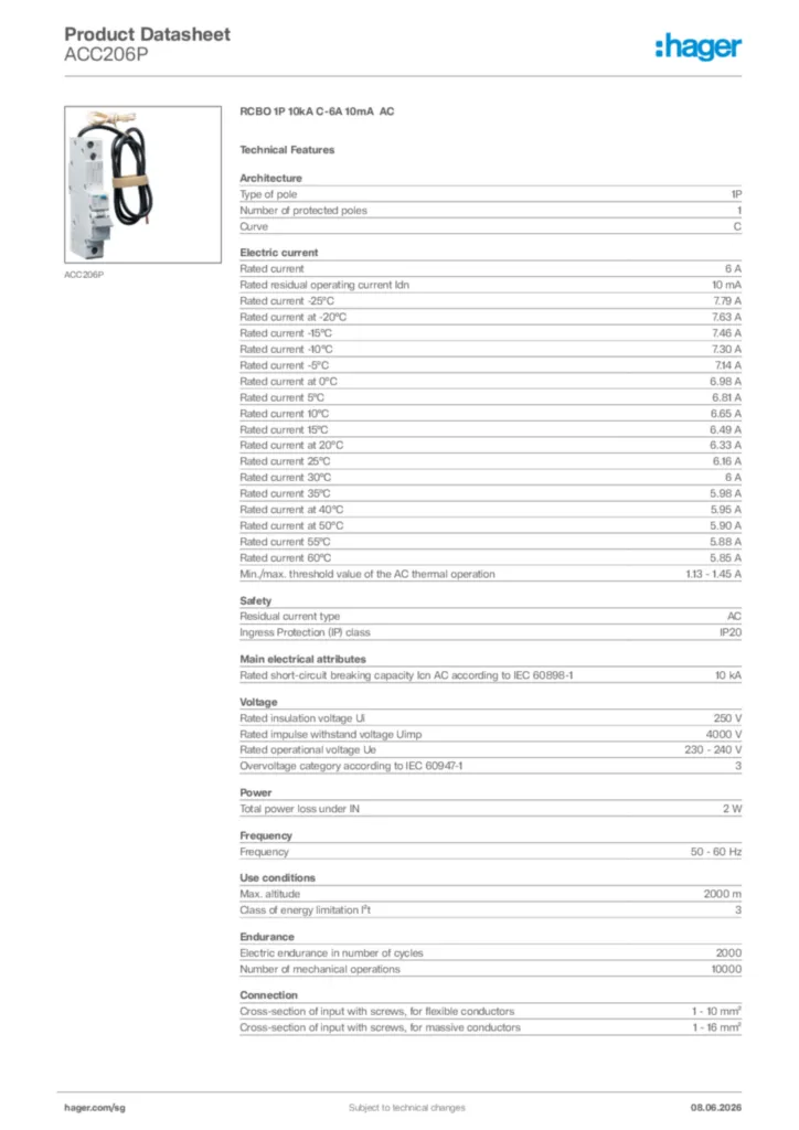 Image Hager Product data sheet ACC206P  | Hager