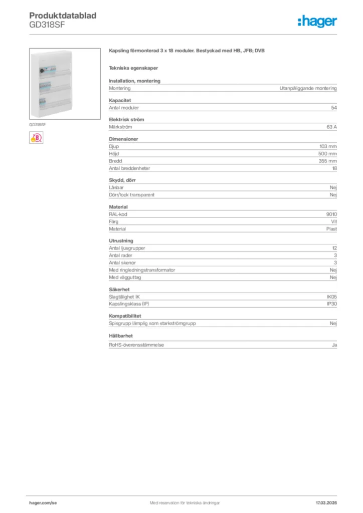 Bild Hager Produktdatablad GD318SF | Hager Sverige