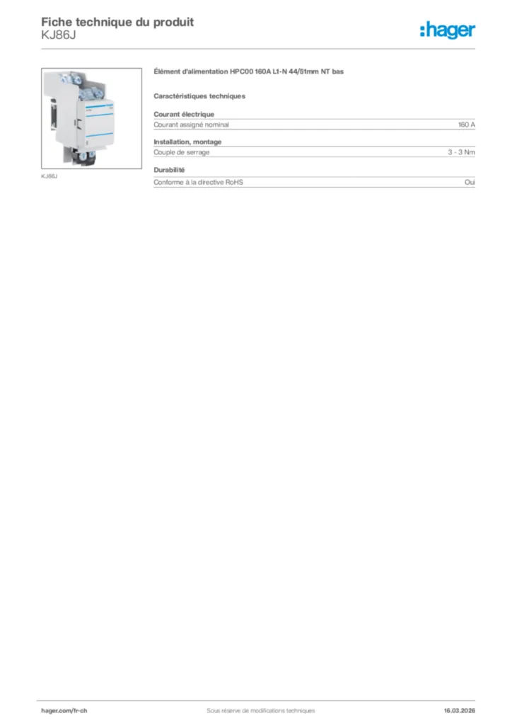 Image Hager Fiche technique du produit KJ86J | Hager Suisse