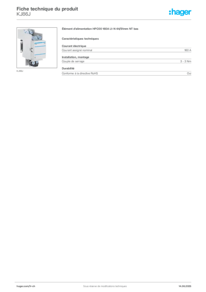 Image Hager Fiche technique du produit KJ86J | Hager Suisse