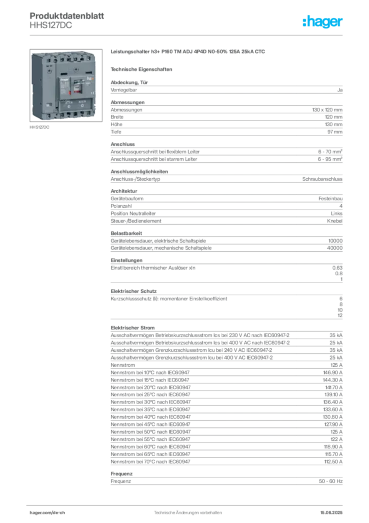 Bild Hager Produktdatenblatt HHS127DC | Hager Schweiz