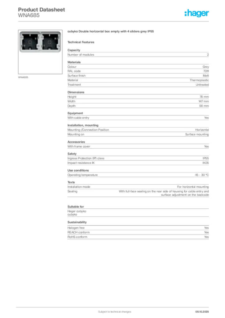 Image Hager Product data sheet WNA685  | Hager Africa