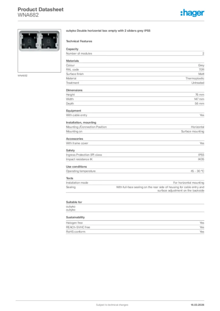 Image Hager Product data sheet WNA682  | Hager Africa