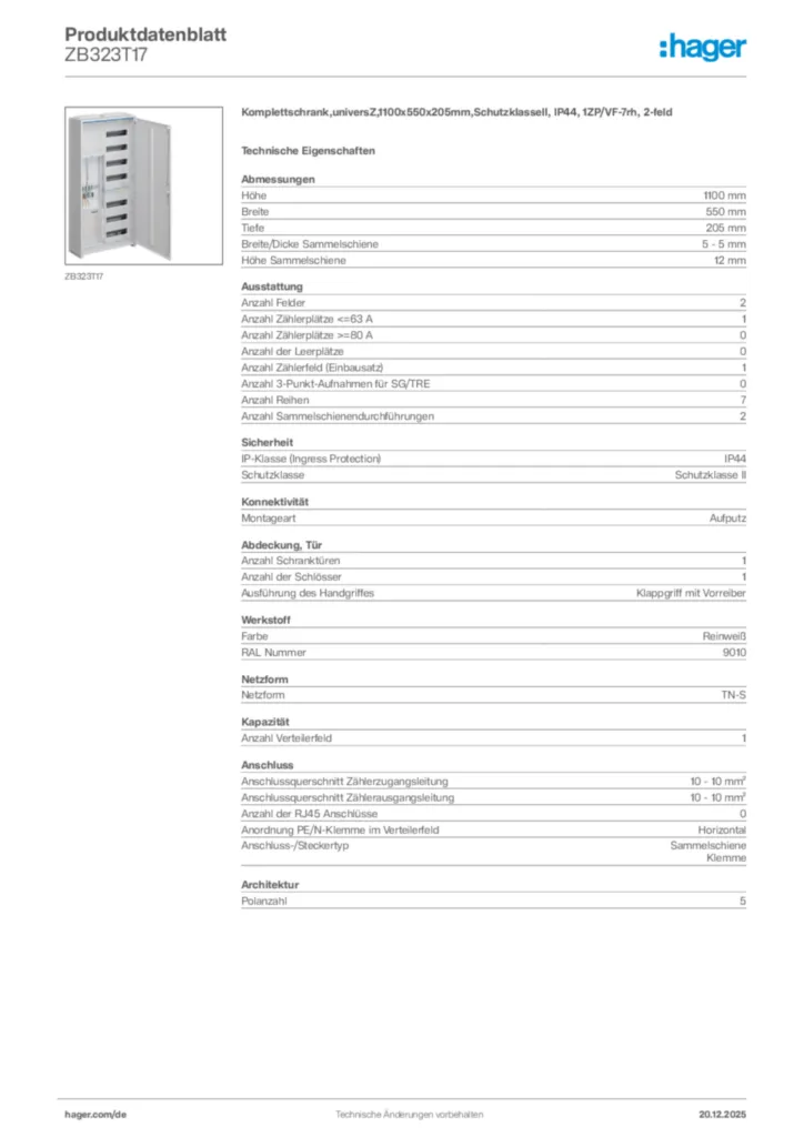 Bild Hager Produktdatenblatt ZB323T17 | Hager Deutschland