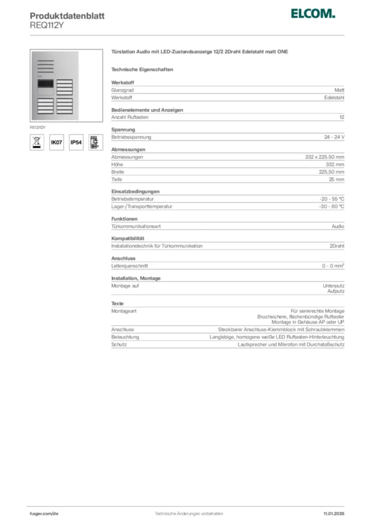 Bild Elcom Produktdatenblatt REQ112Y | Hager Deutschland