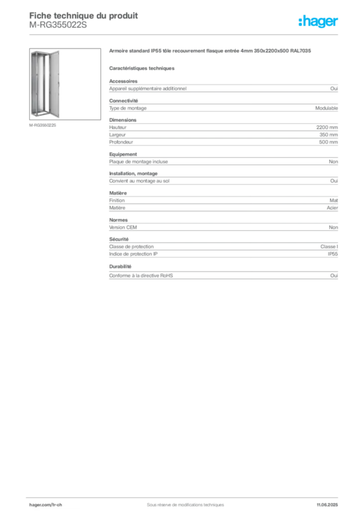 Image Hager Fiche technique du produit M-RG355022S | Hager Suisse