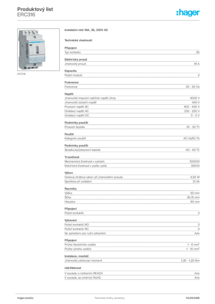 Obrázek Hager Produktový list ERC316 | Hager
