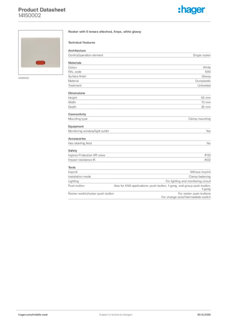 Image Hager Product data sheet 14150002  | Hager