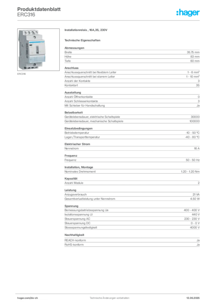 Bild Hager Produktdatenblatt ERC316 | Hager Schweiz