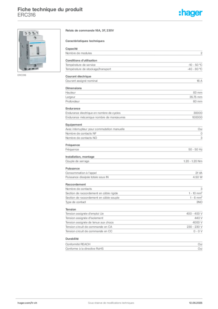 Image Hager Fiche technique du produit ERC316 | Hager Suisse