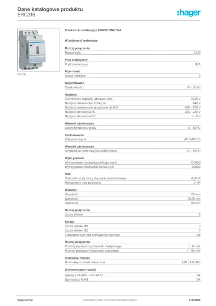 Zdjęcie Hager Karta katalogowa ERC316 | Hager Polska