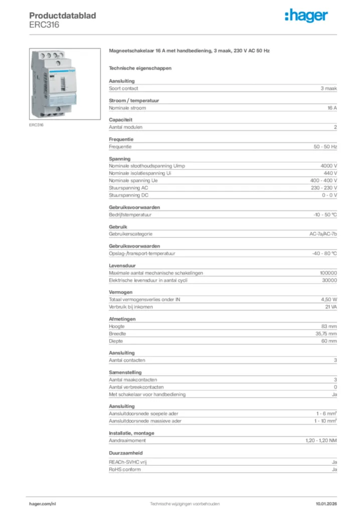 Afbeelding Hager Productdatablad ERC316 | Hager Nederland